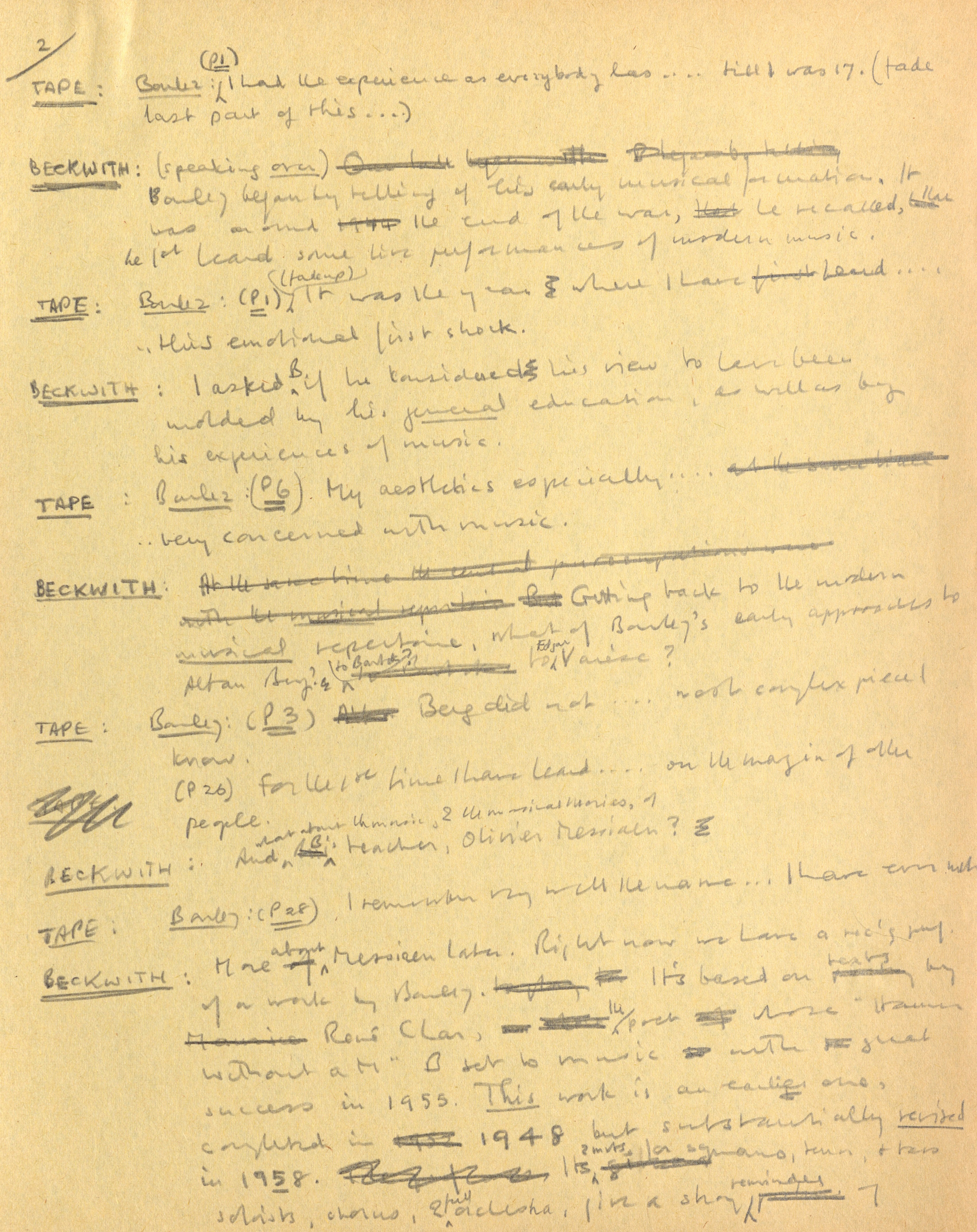 Page of Beckwith's notes from the radio broadcast of his interview with Pierre Boulez