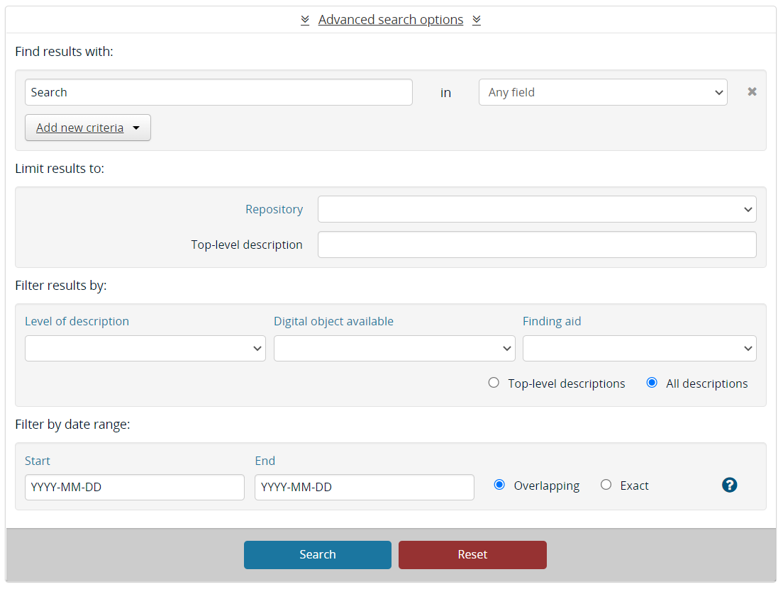 Screenshot of advanced search form in Discover Archives