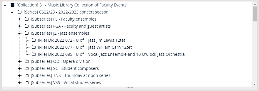 Screenshot showing hierarchical arrangement of faculty events in Discover Archives