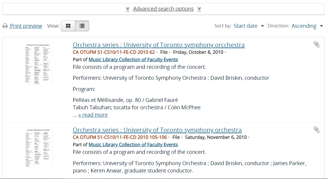 Screen shot of search results in Discover Archives