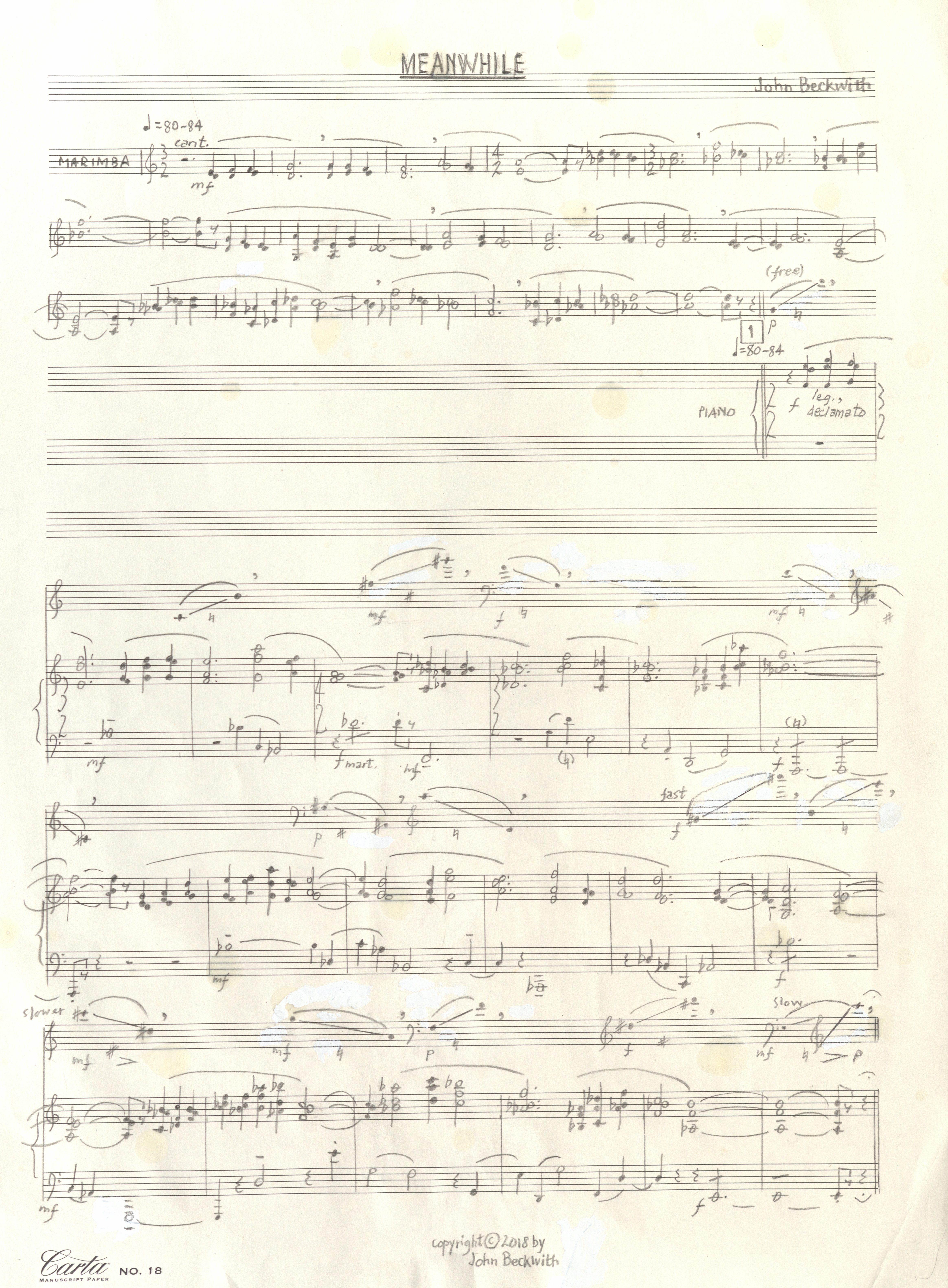 Excerpt from manuscript score for Meanwhile