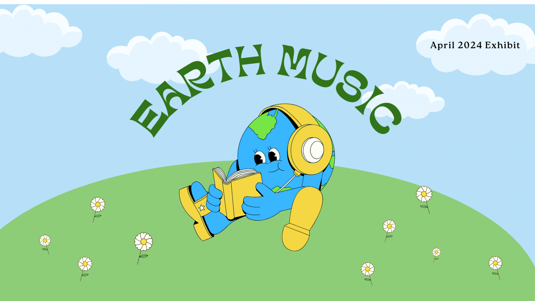 Earth characterized as person, reading a book and listening to music, sitting on a hill with daisies and clouds in the sky.