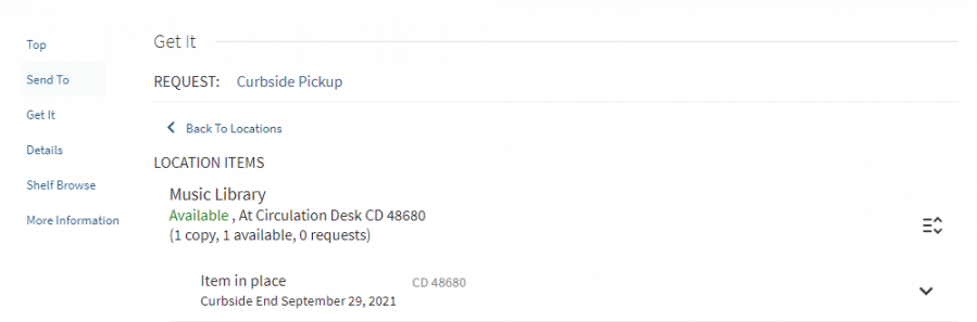 Screenshot of curbside request in LibrarySearch