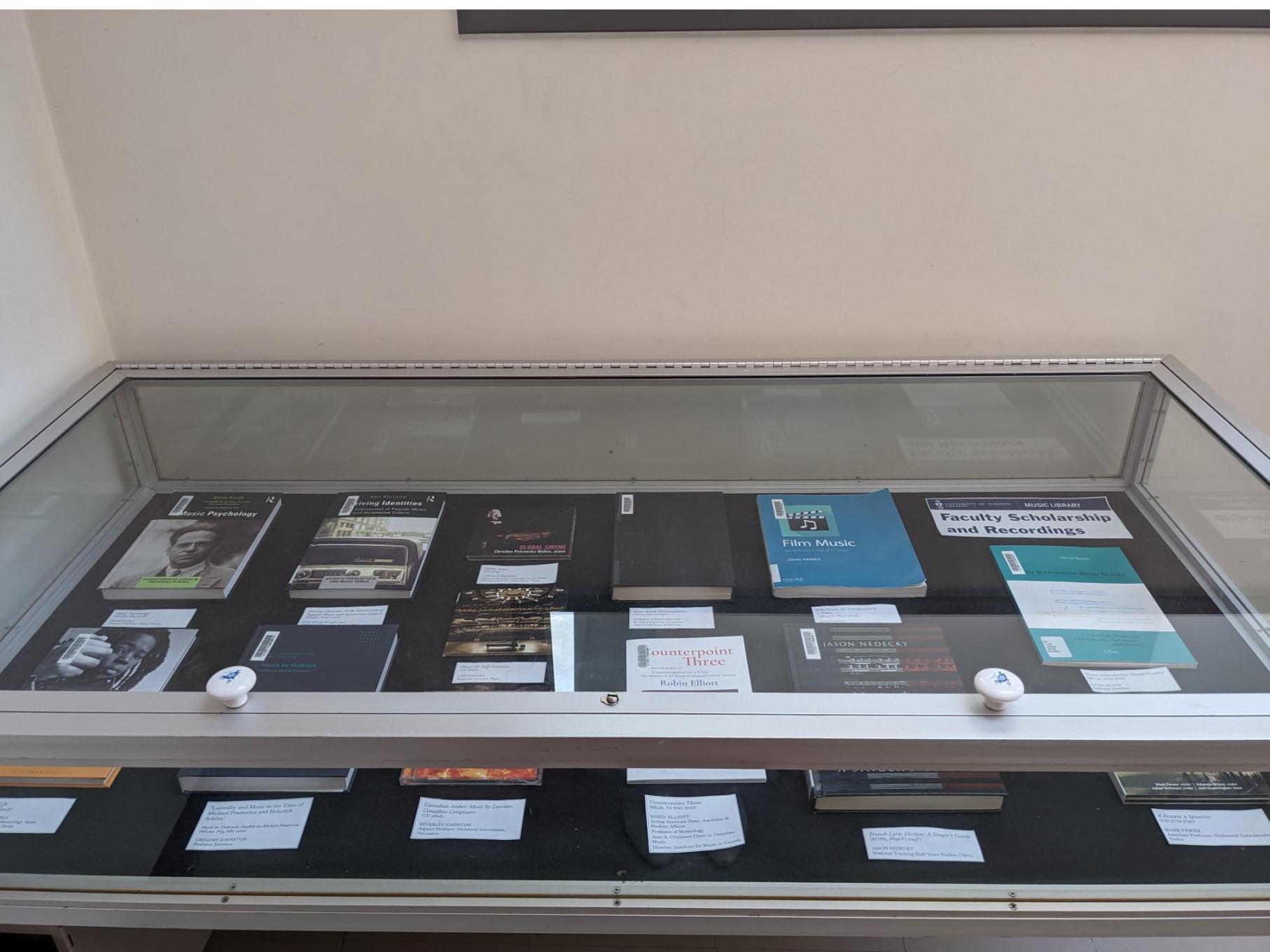 Faculty publications and recordings display case at the Music Library