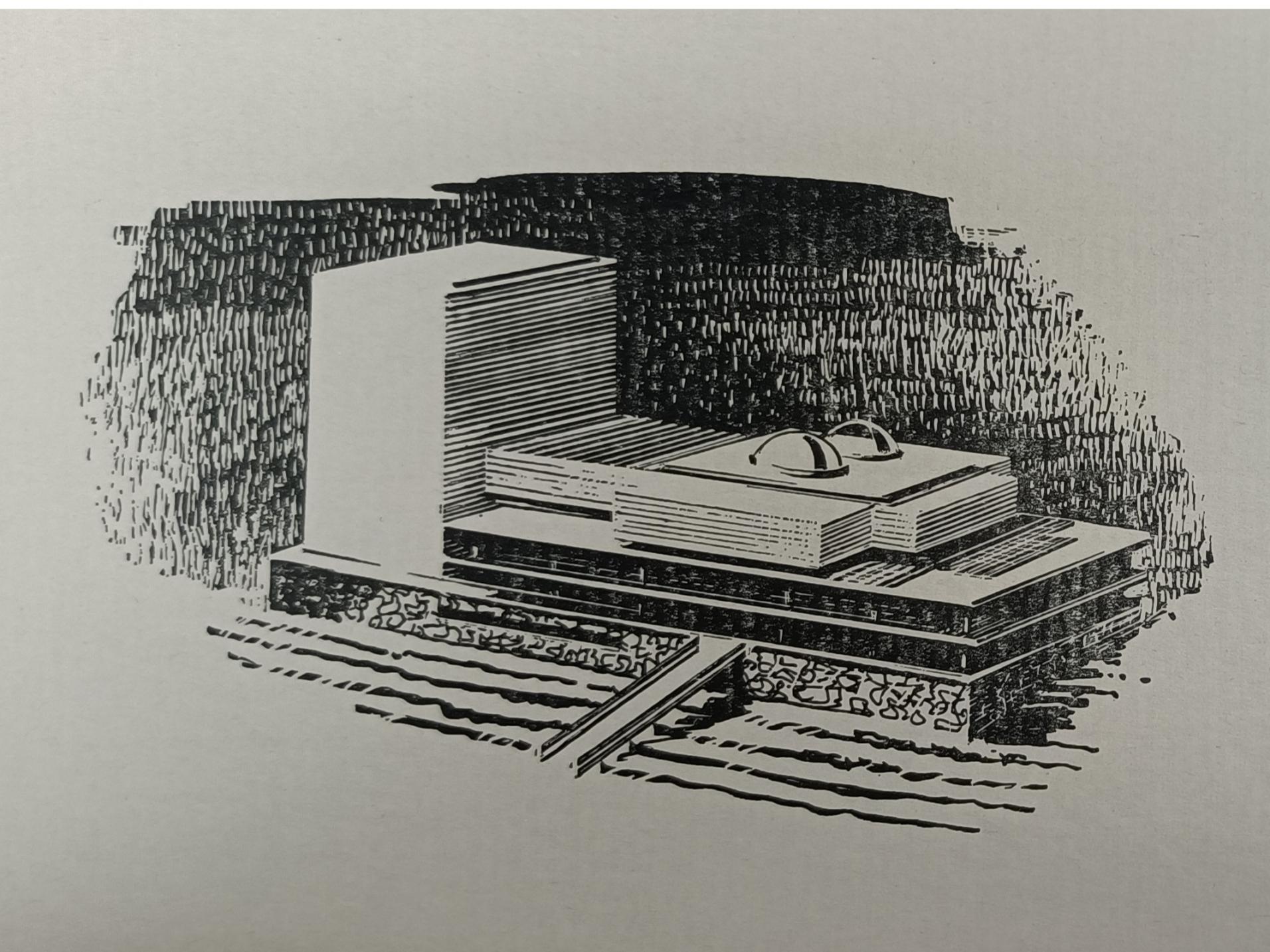 Graphic of the Edward Johnson Building as it appeared in a promotional pamphlet for the Edward Johnson Memorial Library