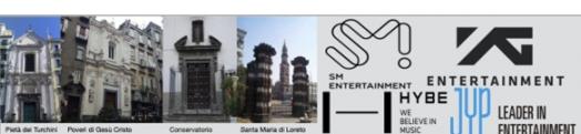 pictures of the four main conservatories in Italy, listed above, as well as the four logos of K-Pop agencies.