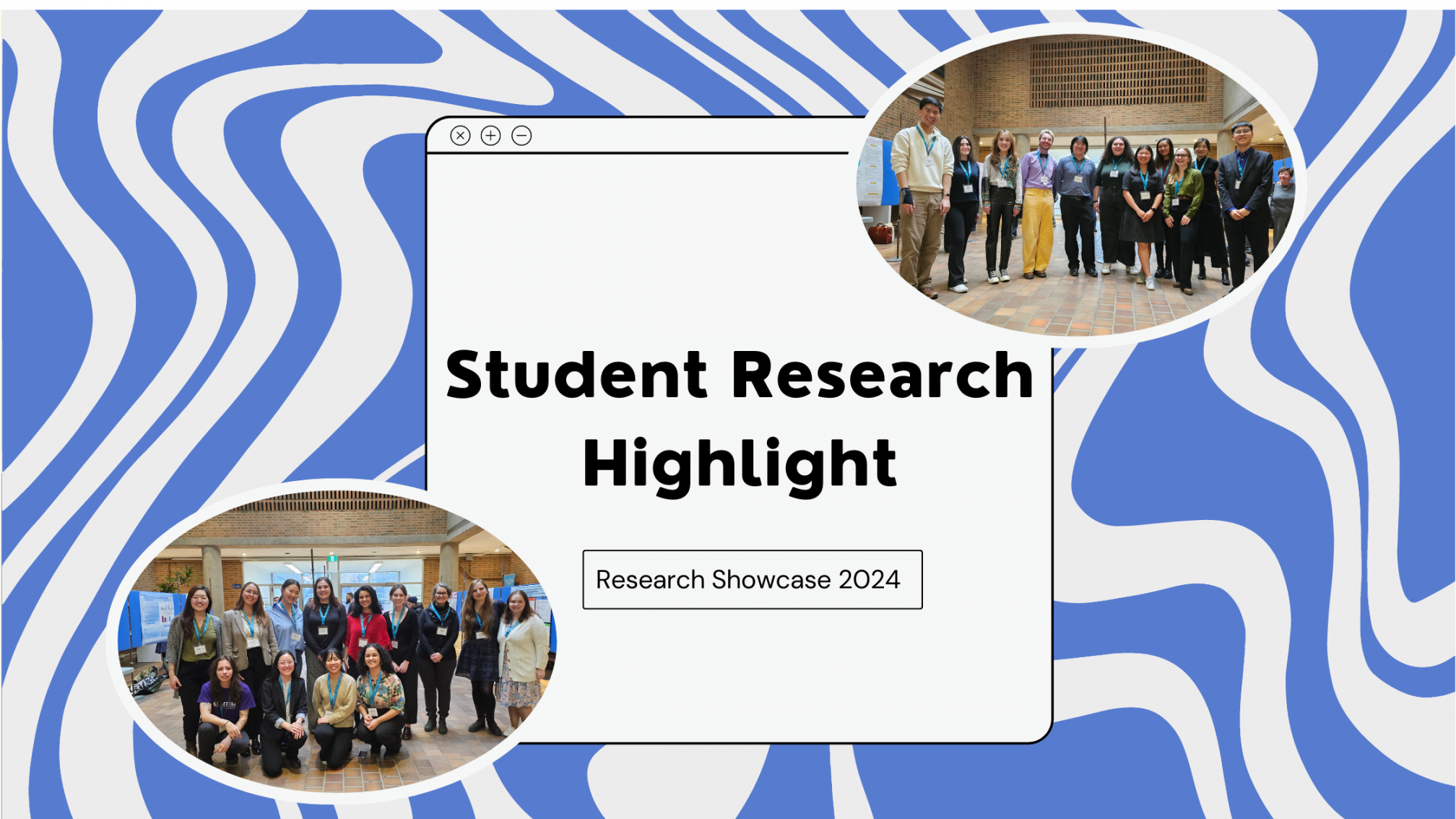 Banner for undergraduate and graduate research showcase with two group photographs of participants in the 2024 showcase.