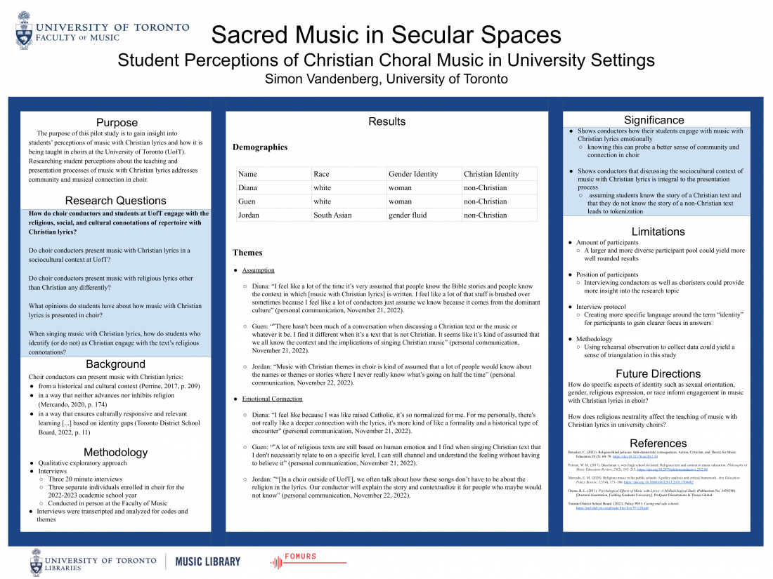Simon Vandenberg's poster on the perseption of sacred choral music in a university setting